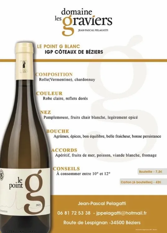 Bouteille de Le Point G Blanc — DOMAINES LES GRAVIERS, vin blanc