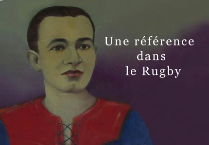 Portrait peint (style fresque) de Marcel Iché, le grand-père, en tenue de rugby rouge et bleu (AS Béziers), avec la mention 'Une référence dans le Rugby'. Visuel historique et identitaire fort liant la famille fondatrice à l'histoire du domaine. Authentique mais c'est une peinture, pas une photo.