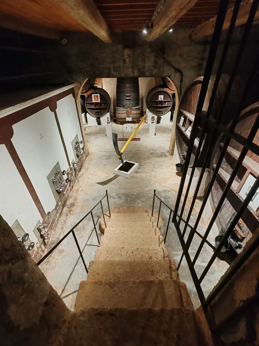 Vue plongeante d'un escalier de pierre descendant vers la salle des foudres ornee de panneaux d'exposition, ambiance authentique de vieille cave. Format vertical.